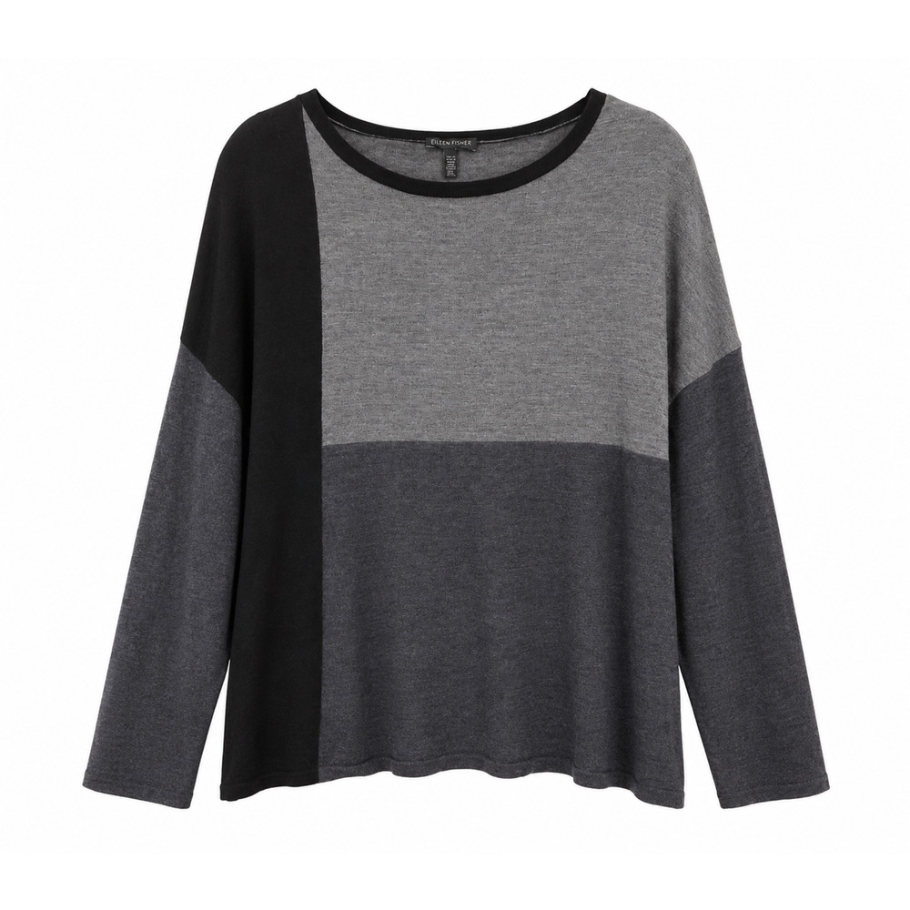 Eileen Fisher XL Merino Wool Sweater Black Gray Colorblock Long Sleeve Travel